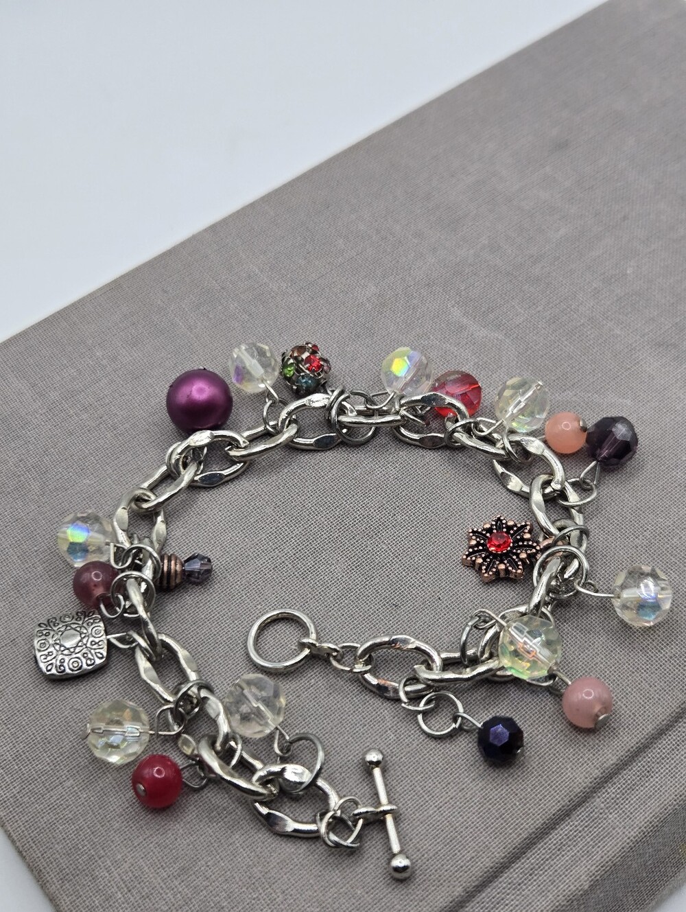 Vintage Silver Chunky Charm Bracelet 90s Y2k Red Purple Crystals 8" Whimsical
